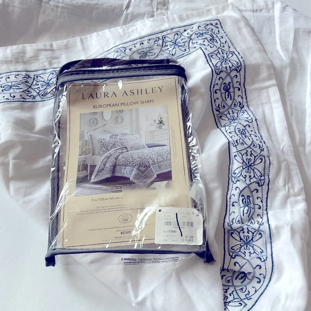 LAURA ASHLEY EUROPEAN PILLOW SHAM LINEN AND COTTON WHITE WITH BLUE EMBROIDERY